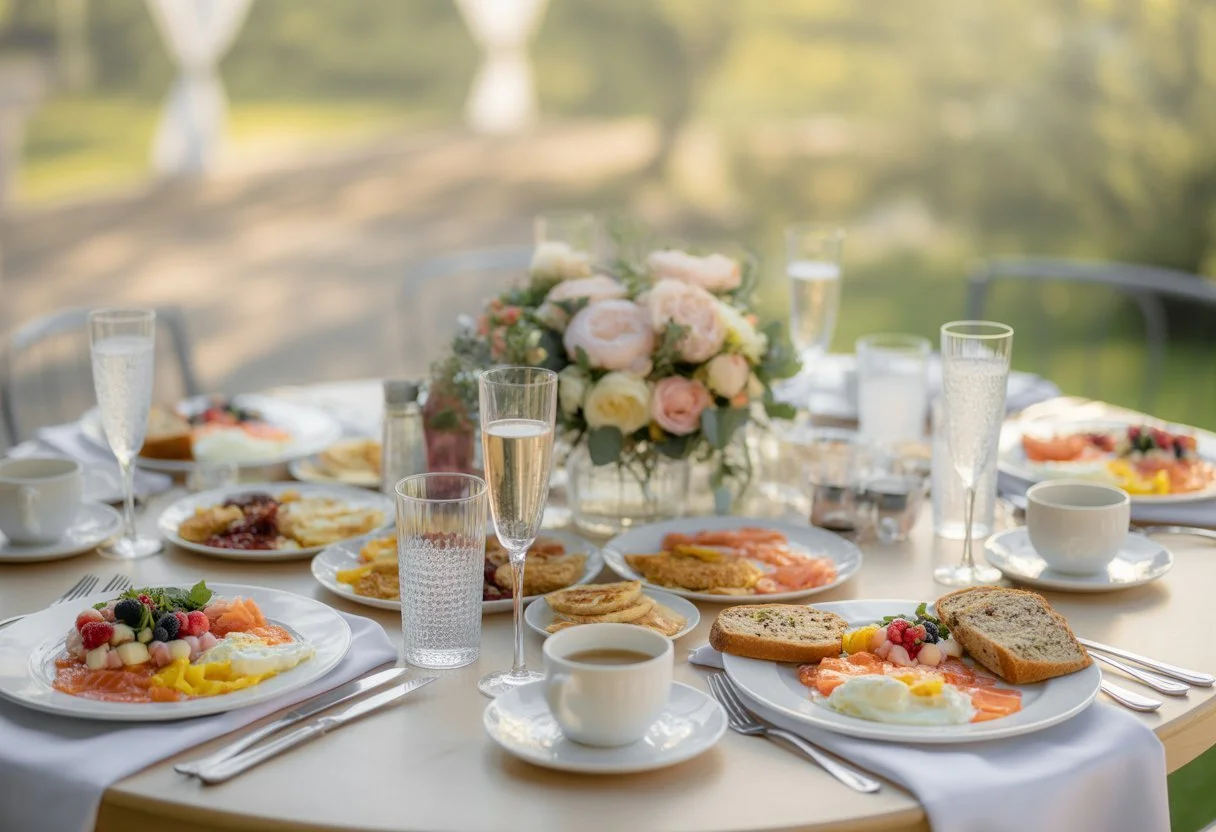 A wedding breakfast table set outdoors with elegant dishes, flowers, and drinks in a garden setting.