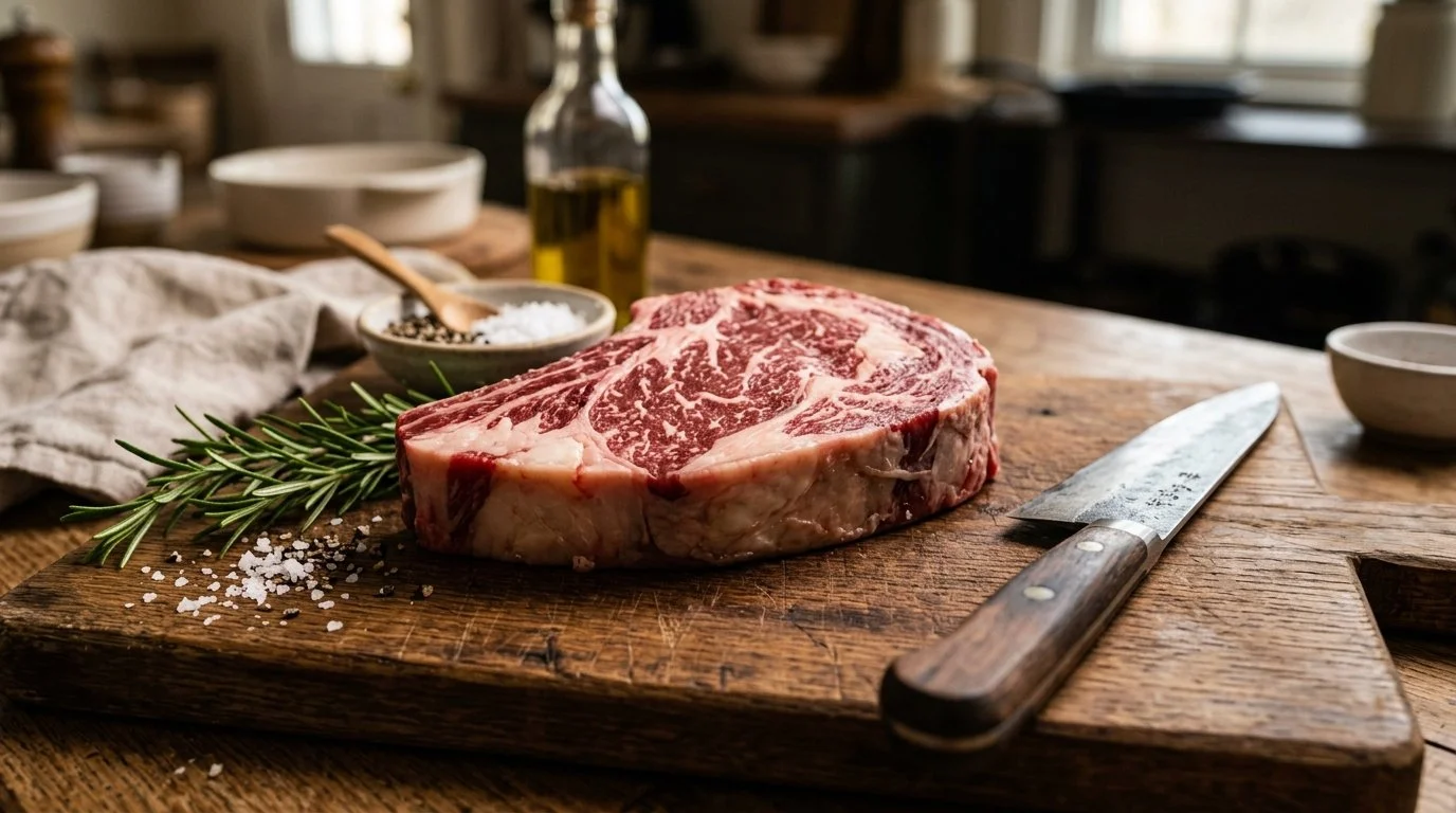 Grass fed Beef steak on a chopping board with some ingredients for seasoning