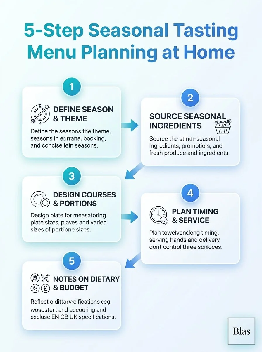 Five-step guide to planning seasonal tasting menus at home: theme, ingredients, schedule, tasting notes, plating.