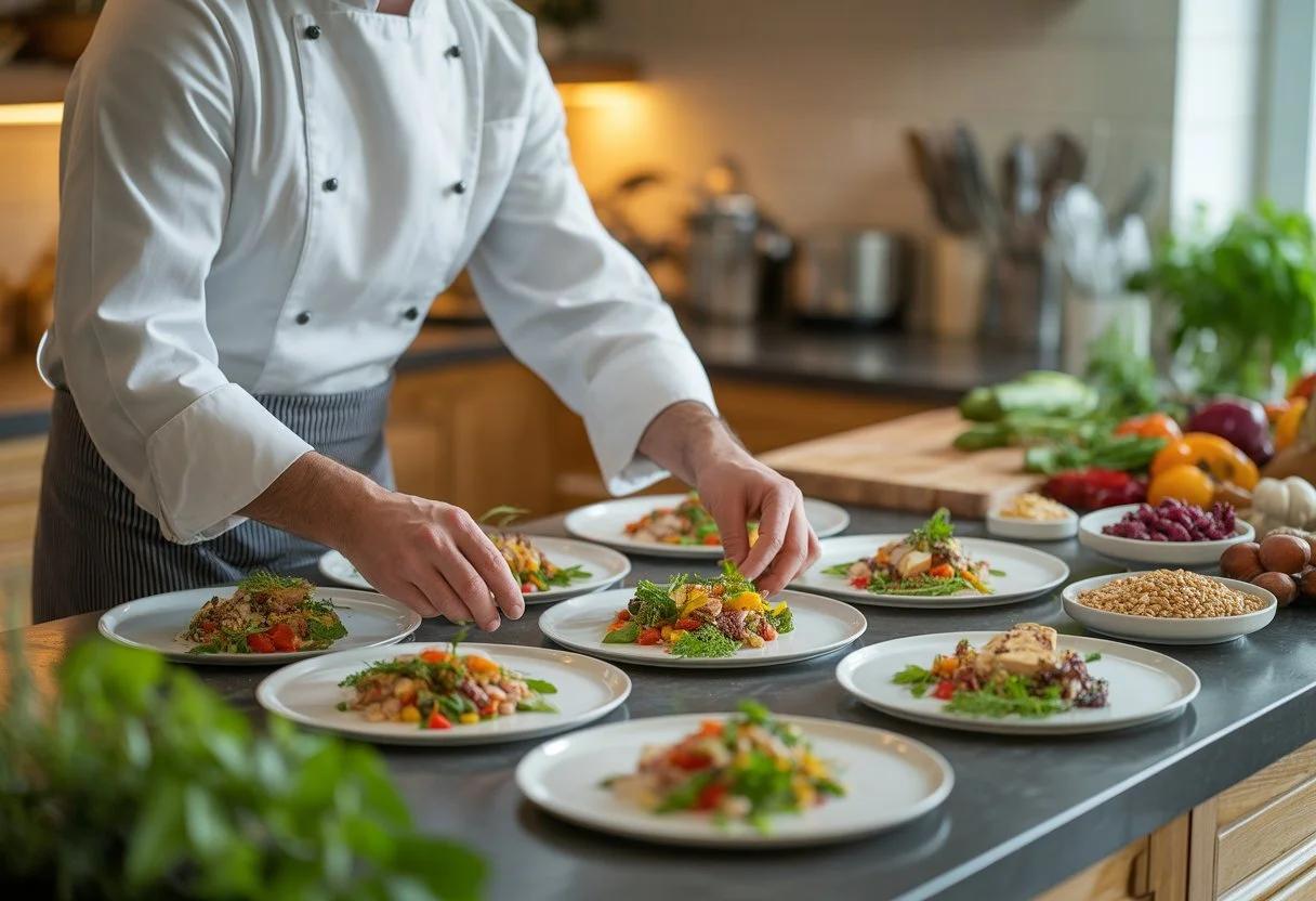 A private chef preparing a variety of colourful dishes in a modern kitchen, showcasing diverse dietary options.