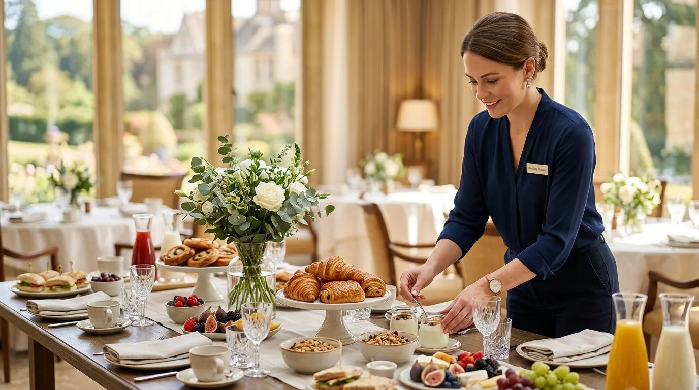 A wedding morning breakfast table laid out with a choice of fruits, pastries and cereals.