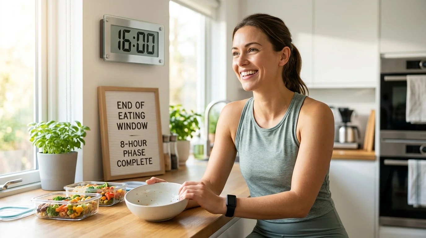 Woman holding empty dish, food containers sit on the work surface of a bright kitchen