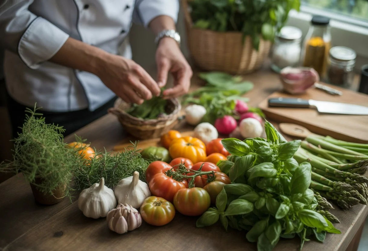 Hands of a chef selecting fresh vegetables and herbs on a wooden table filled with colourful produce and kitchen tools.