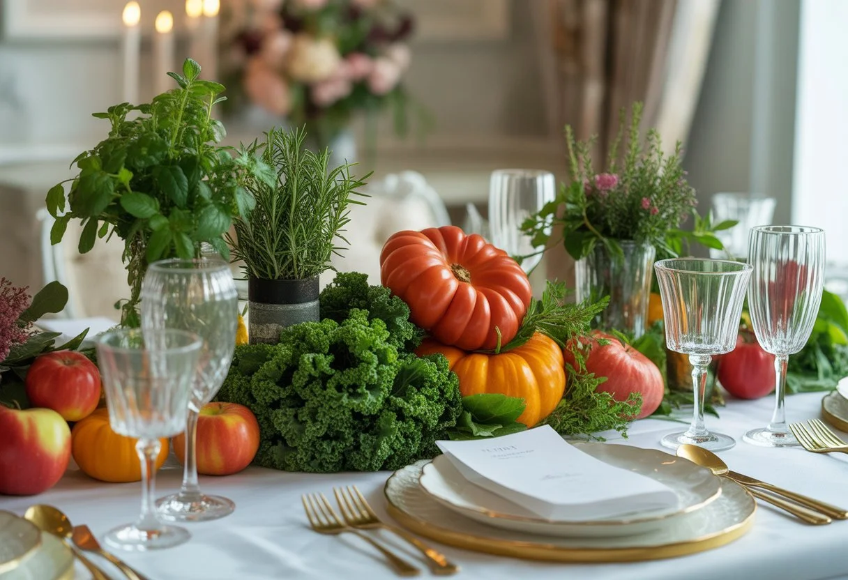 A private dining table set with fresh seasonal ingredients including tomatoes, pumpkins, kale, apples, and herbs in a softly lit elegant dining room.