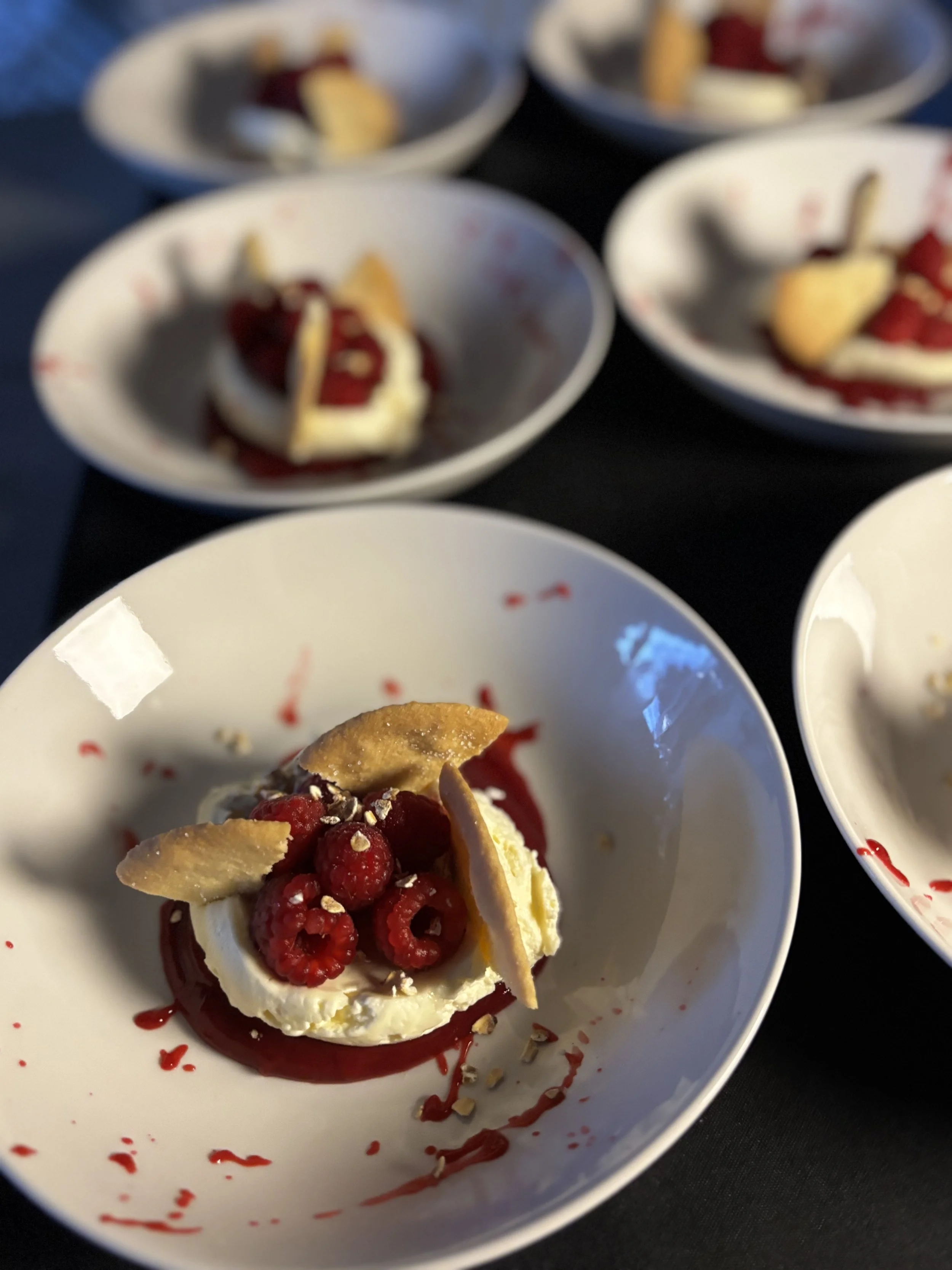 Blas Dining dessert – raspberries with white chocolate and cream, plated by private chef Edinburgh.
