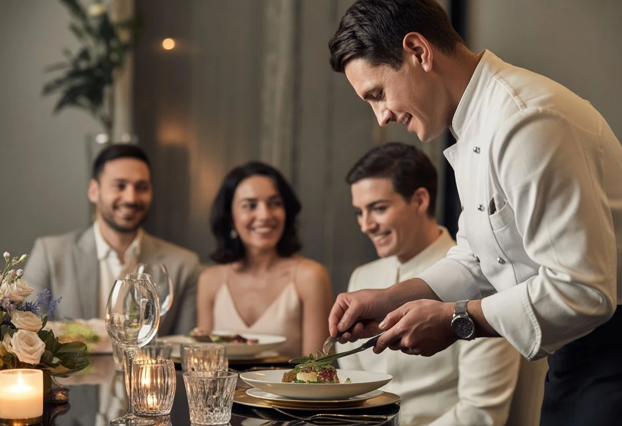 A private chef plating food at a beautifully set dining table while guests enjoy a milestone celebration in an elegant dining room.