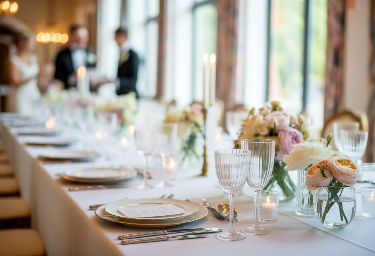 A long banquet table set for a wedding breakfast with white linens, floral centrepieces, plates, cutlery, and glasses in a bright room with guests in the background.