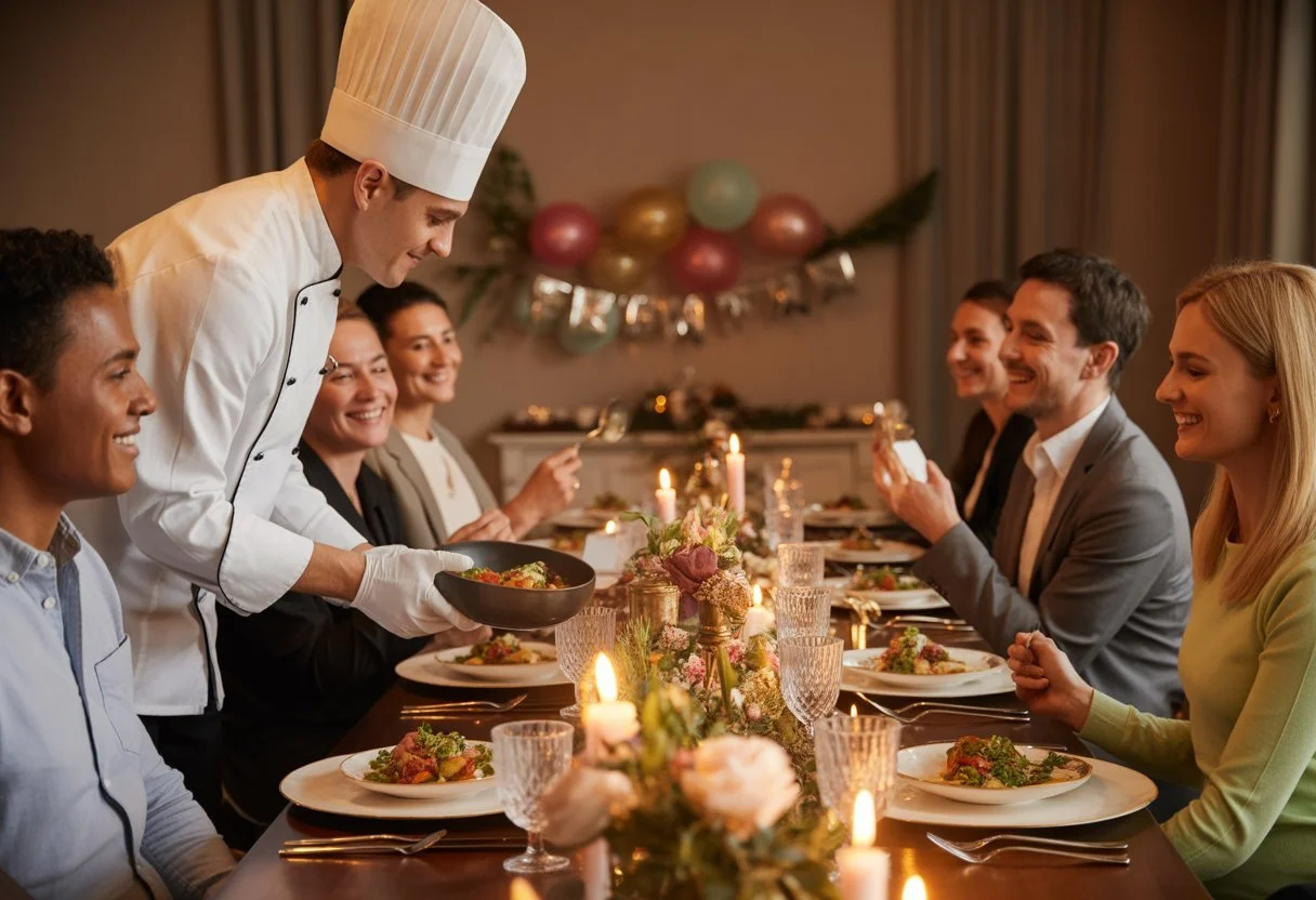 A private chef serving gourmet dishes at a beautifully set dining table where a group of people celebrate a special occasion.