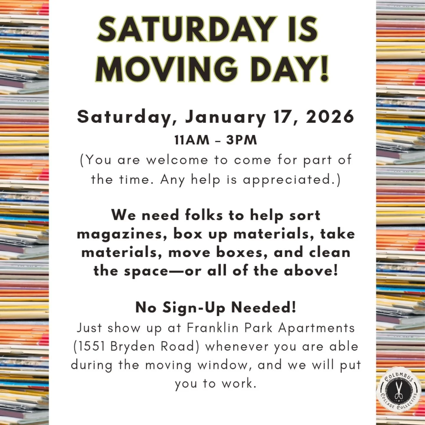 ✂️MOVING DAY DETAILS✂️

Date: Saturday, January 17, 2026
Time: 11:00 AM&ndash;3:00 PM
(You are welcome to come for part of the time. Any help is appreciated.)

✂️Locations and Parking✂️

Where to Meet:
1551 Bryden Road
Columbus, OH 43205
(formerly 83