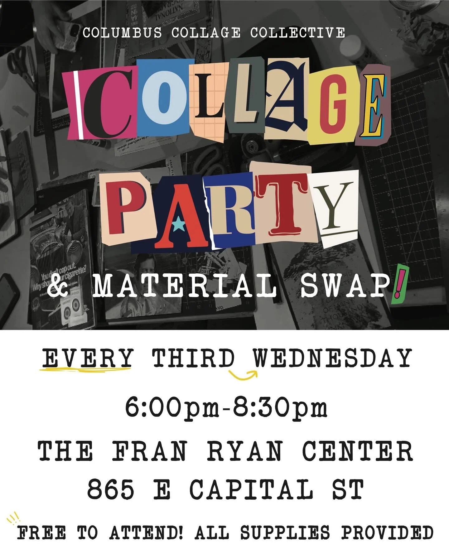 Join us tonight at the Fran Ryan Center for our free monthly collage party from 6-8:30 ✂️✨