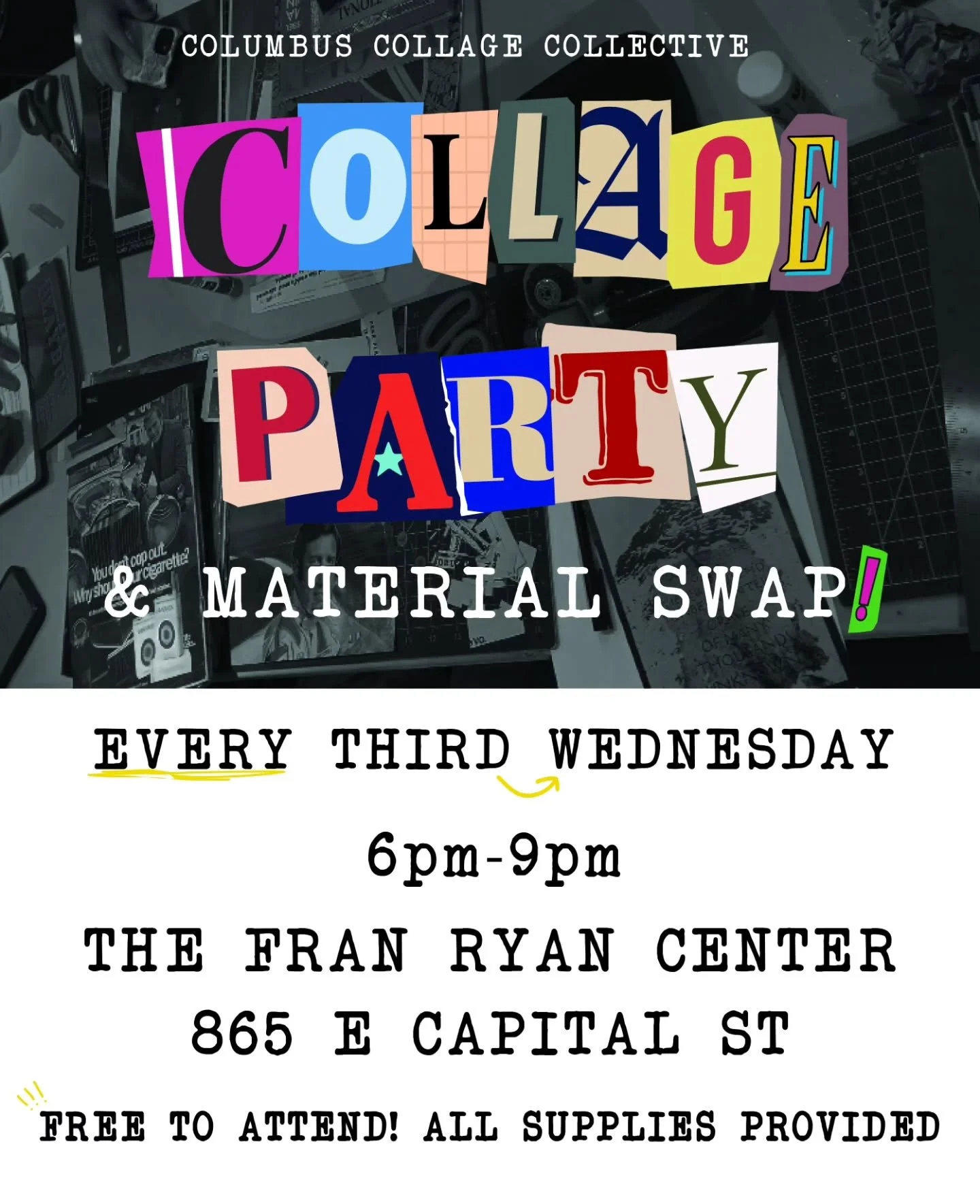 Two chances to collage with us this week, oh my! 

🧚&zwj;♀️Wednesday, April 15th: Monthly Collage Party &amp; Material Swap!🧚&zwj;♀️
Time: 6 - 8:30 PM 

Location: Fran Ryan Center, 865 E Capital St, Columbus, OH 43205
Our free monthly collage party