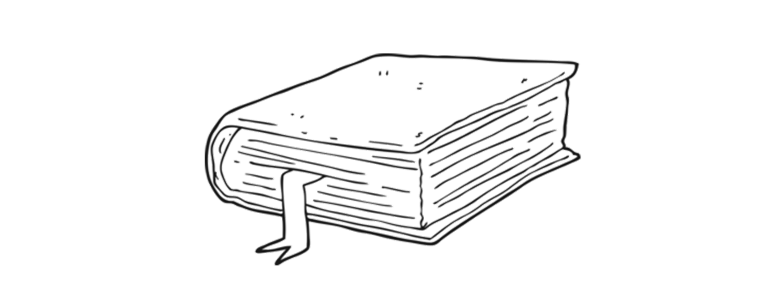 Line art drawing of a closed book with a bookmark ribbon.