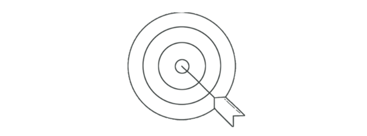 Line drawing of a dart hitting the bullseye on a target.