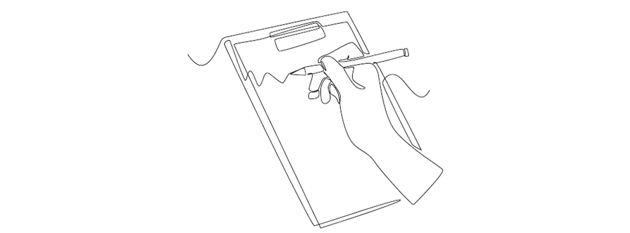 Line drawing of a hand holding a pen and writing on a clipboard.