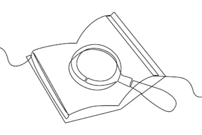 Line drawing of an open book with a magnifying class
