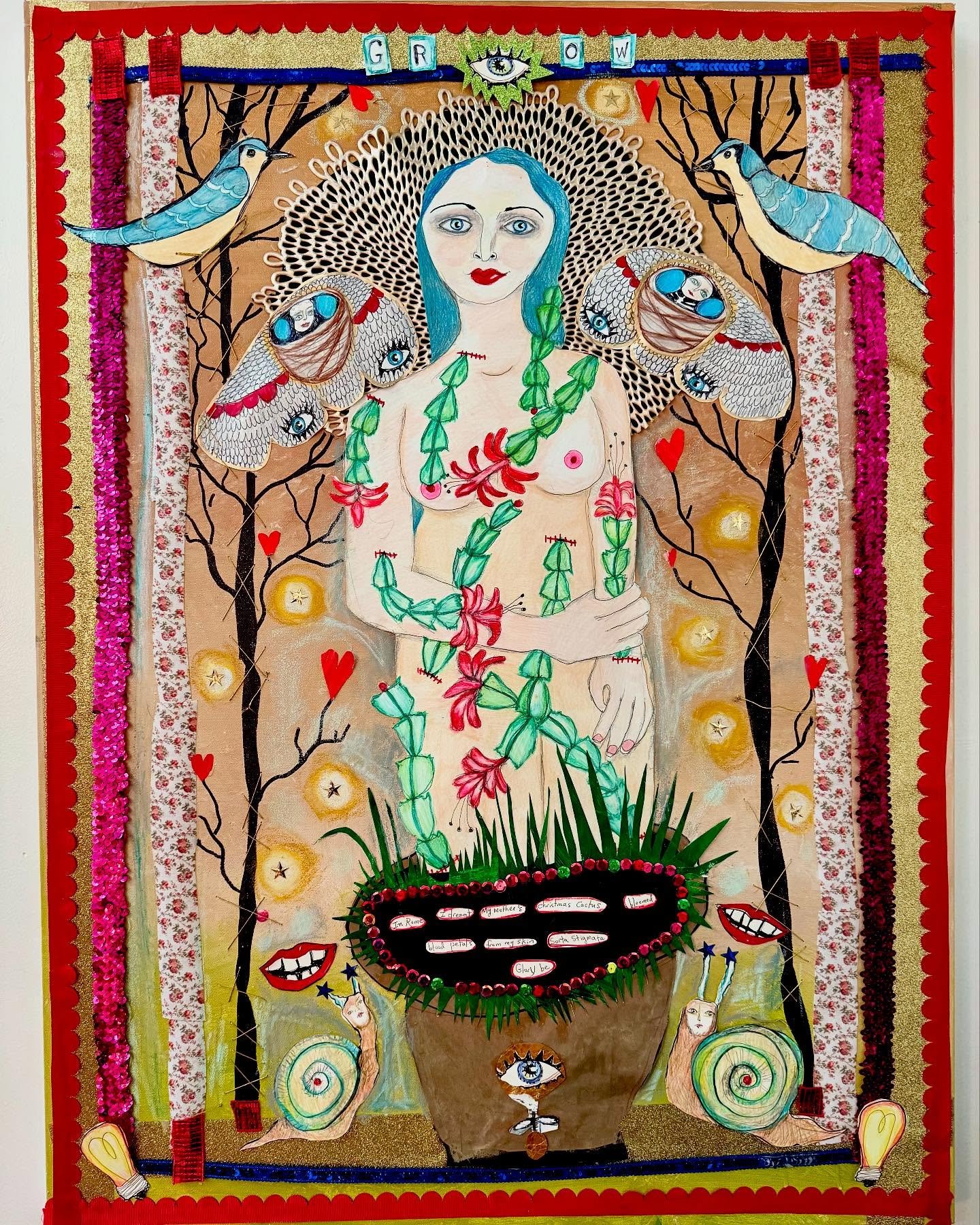 &ldquo;While In Rome, I Dreamt I Turned Into My Mother&rsquo;s Christmas Cactus.&rdquo; 30&rdquo;X 40&rdquo;. 

#art #artwork #mixedmediaartist #mixedmediaart #portrait #mississippiartist #dreaminginrome #ouch
