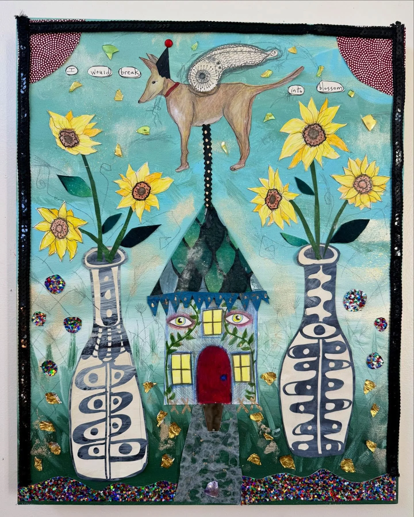 I drew and cut out this dog but didn&rsquo;t know what to do with him. He floated around my studio for a while. I only stepped on him once. I finally decided to make him a weathervane on a house I&rsquo;d like to inhabit. There wasn&rsquo;t a text fo