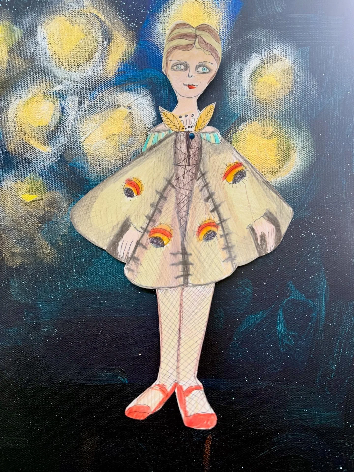 Working on a large Midsummer Night&rsquo;s Dream canvas. Here is Moth, one of Titania&rsquo;s fairies. She reminds me of my (moth)er as a little girl. 🩵