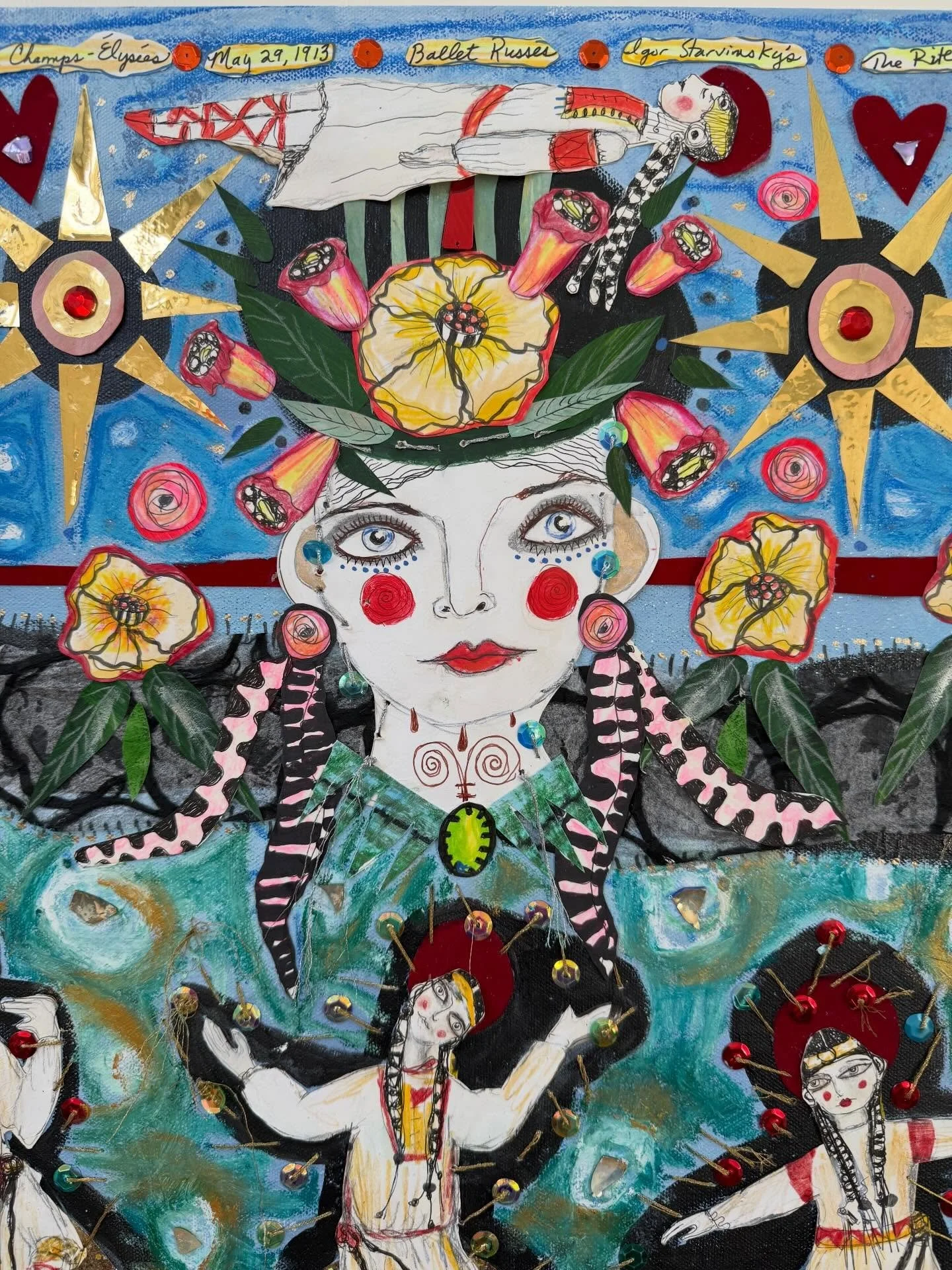 Final revisions before framing. Stravinsky&rsquo;s The Right of Spring, performed by Ballet Russes, 1913 (you can Google images I worked from). And Shakespeare&rsquo;s A Midsummer Night&rsquo;s Dream, with Bottom tended by Titania&rsquo;s fairies. Co