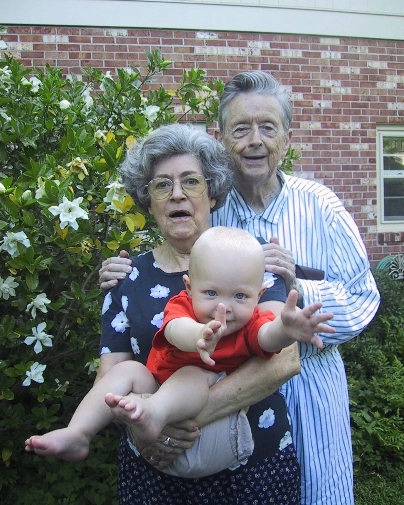 My mama, saying something sassy while holding my baby @jess_edge lunging for me. Daddy in his pocket-protector pajamas. An Alabama goodbye. The sweet smell of gardenias lingers longer than time.