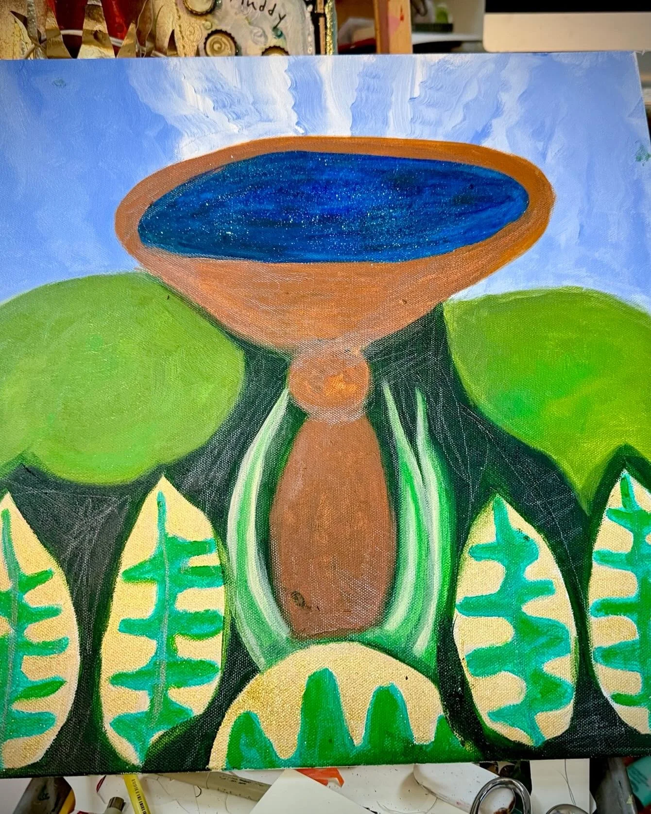 I spent the day painting this canvas. It&rsquo;s an unusual base for me, and I&rsquo;m a little bit excited for layering.