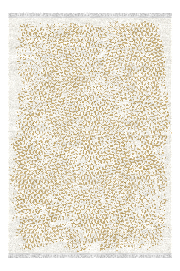 A beige and white patterned rug with a geometric design of small triangles and diamonds, framed by a plain white border.