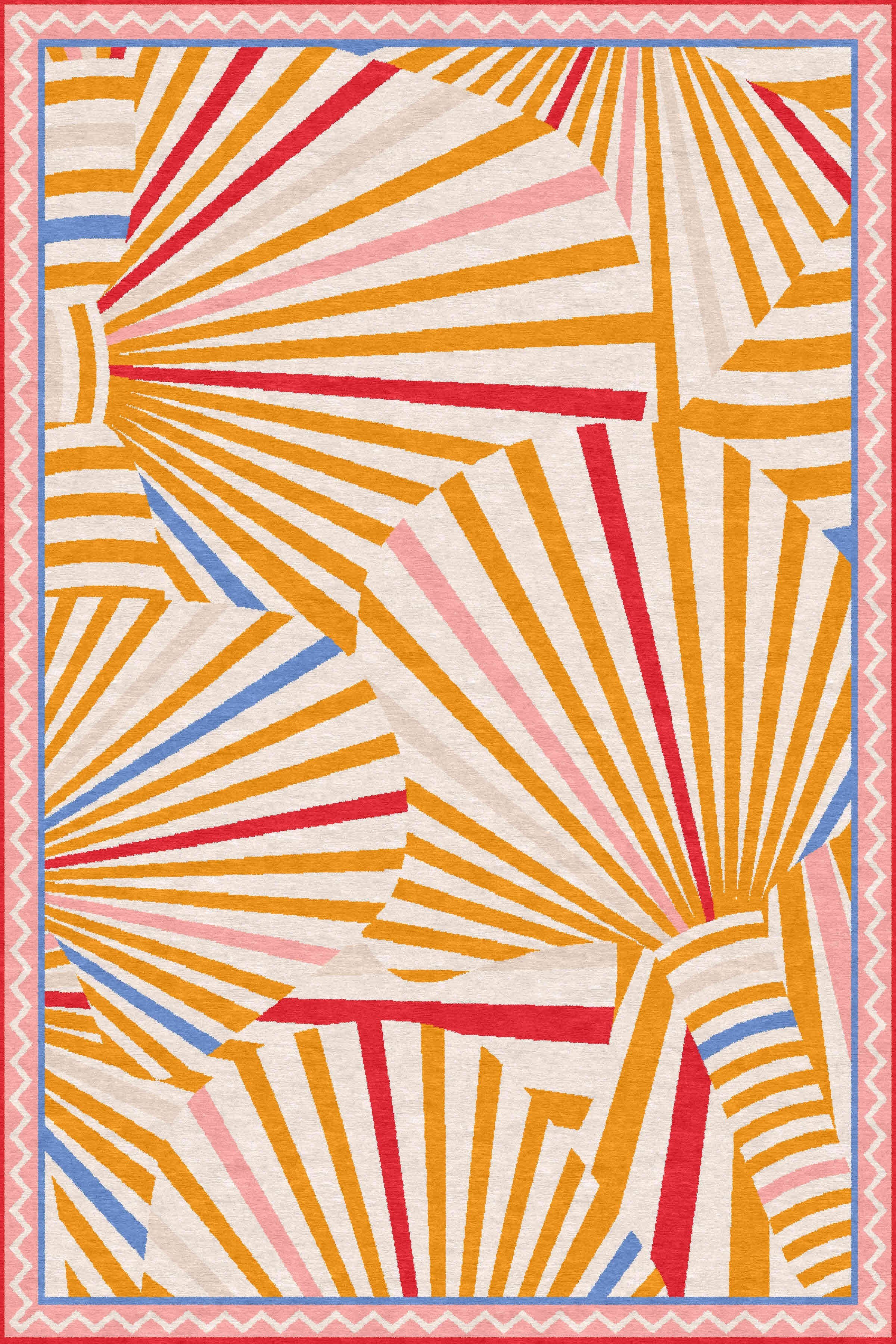 Colorful patterned textile with fan-like shapes in orange, red, pink, blue, and white, bordered by a pink and white zigzag design.