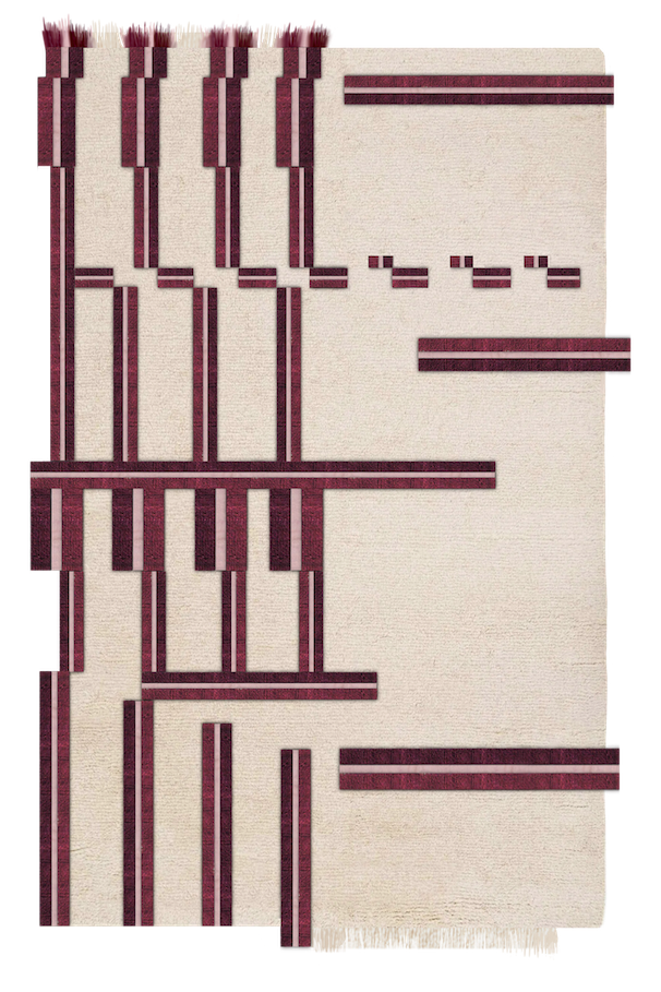 A knitting project in progress using burgundy and beige yarn, with various knitting needles inserted into the fabric.