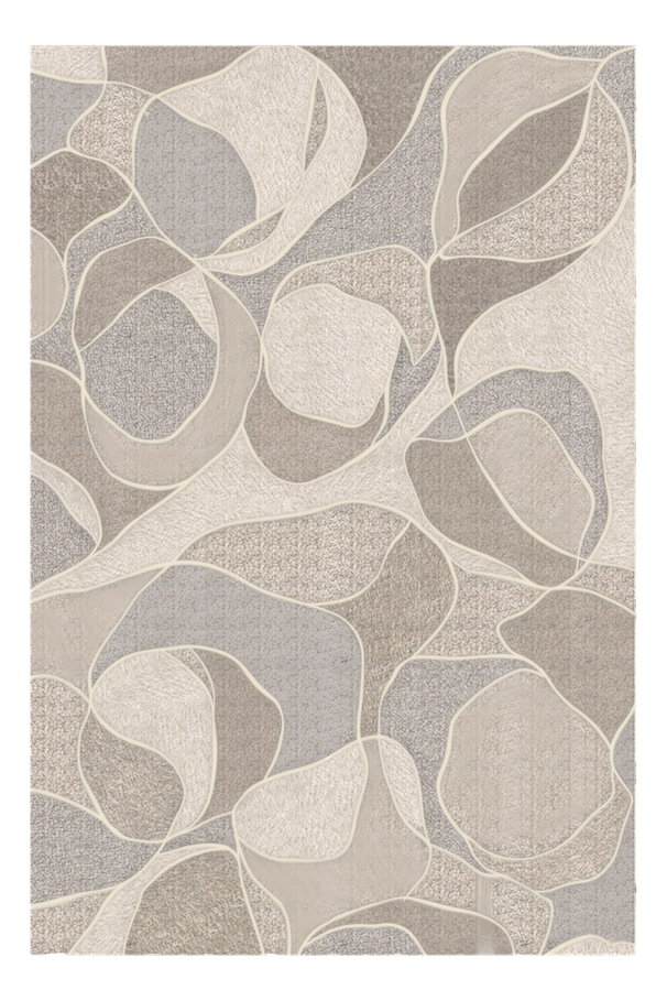 Abstract modern rug with irregular shapes and light neutral tones including beige, light gray, and off-white, with a textured surface and white outlining.
