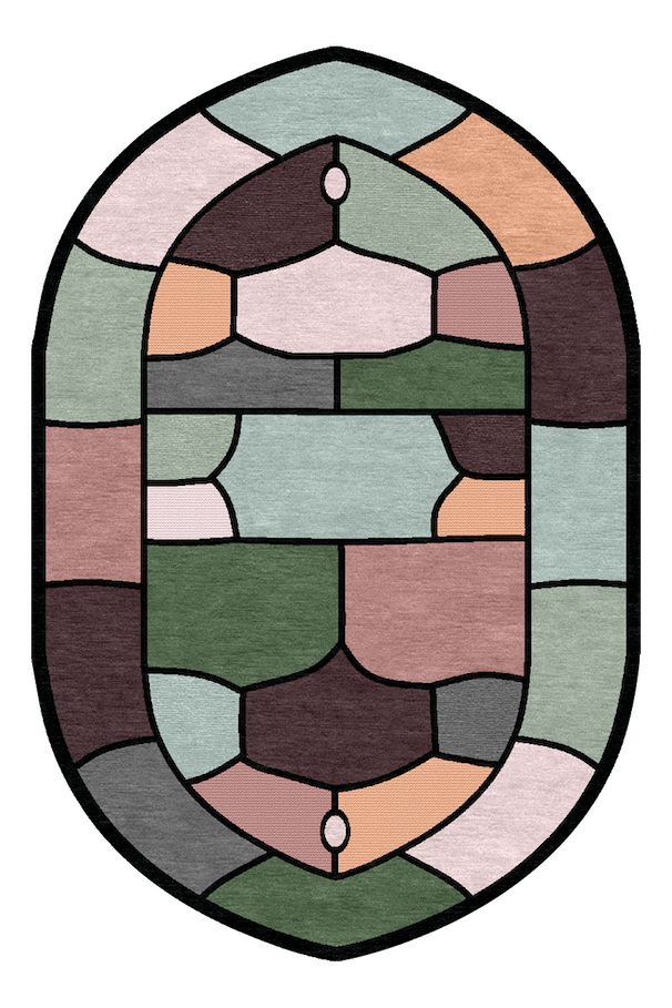 A stained glass window with geometric, abstract shapes in pastel colors and black outlining