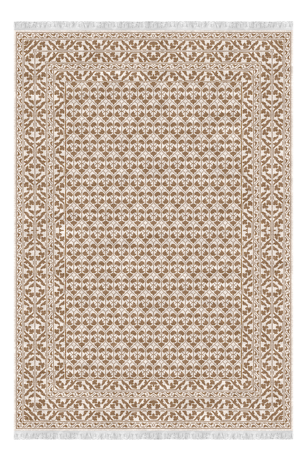 A decorative area rug with a beige and brown geometric pattern, rectangular shape, and fringed edges.