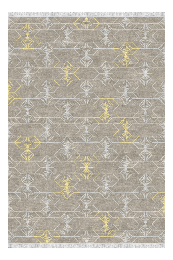 Gray area rug with geometric butterfly and diamond pattern in yellow and white with fringed edges