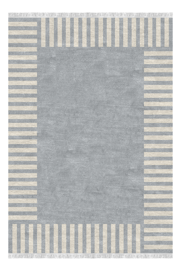Gray area rug with a border of alternating light and dark beige stripes along all four edges.