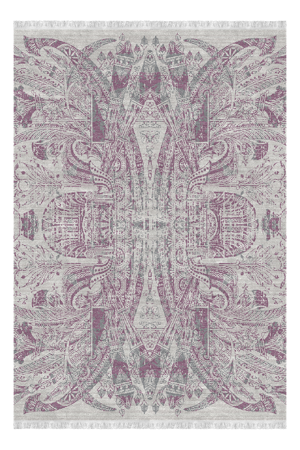 A decorative area rug with an intricate and symmetrical pattern in shades of lavender and light gray, featuring floral and geometric motifs.