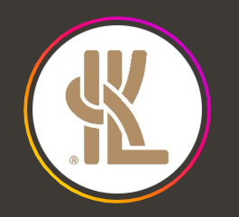Logo with stylized beige lettering inside a multicolored circular border on a black background.