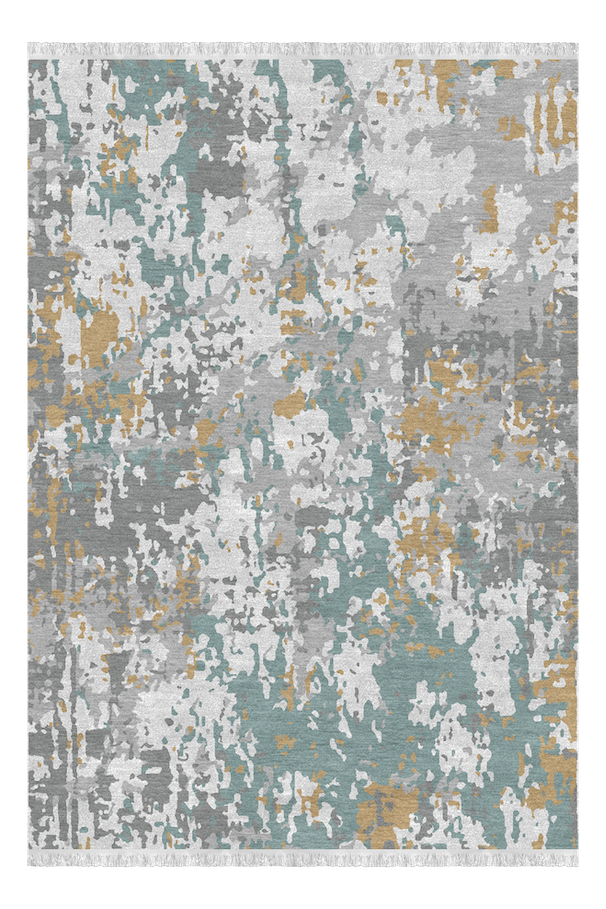 Abstract patterned area rug with a mix of gray, teal, white, and beige colors