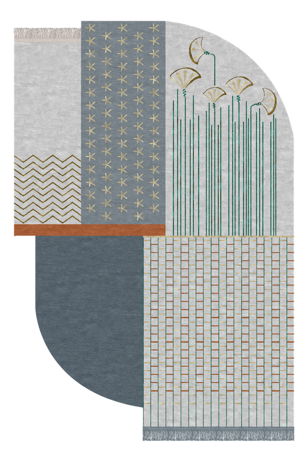 A patchwork rug with various geometric and botanical patterns in shades of blue, gray, beige, and brown.
