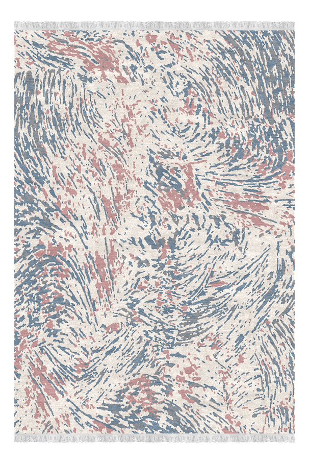 Abstract rug with swirling patterns in blue, pink, and cream colors.