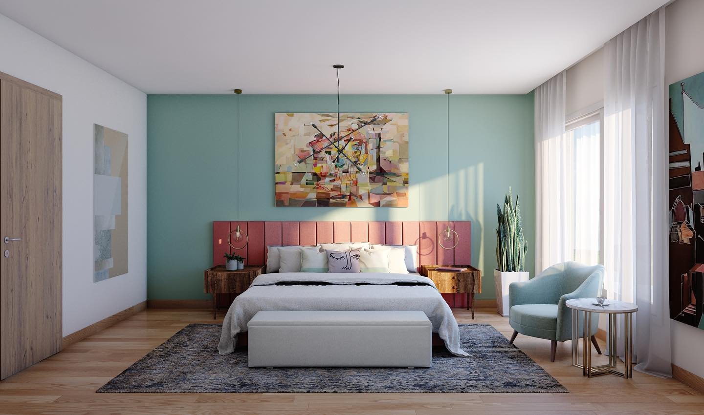 Modern bedroom with a mint green accent wall, colorful abstract painting above the bed, pink upholstered headboard, white bedding with a face-themed pillow, wooden side tables, two hanging pendant lights, a tall plant near a window with white curtains, a light blue armchair, and a patterned area rug.