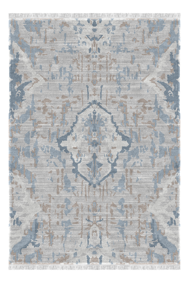 A rectangular area rug with an abstract, symmetrical pattern in shades of gray, beige, and blue.