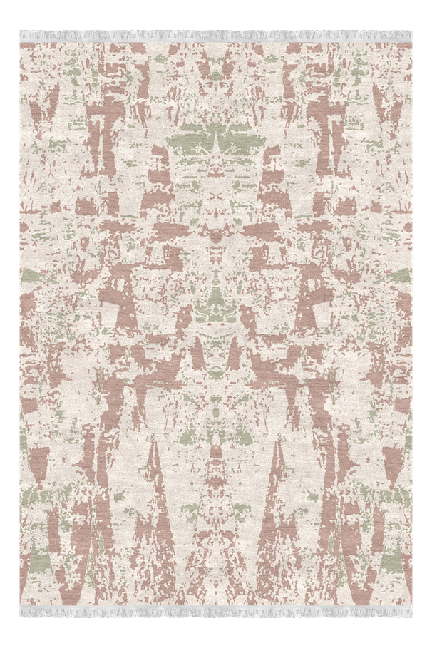 A patterned rug with abstract design in beige, pink, and light green colors.