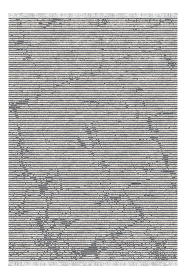 A beige and gray patterned rug with an abstract design of irregular lines and shapes.