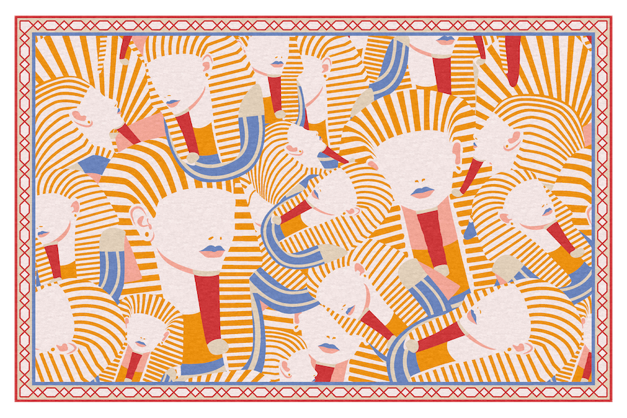 A colorful pattern featuring stylized faces of children with blonde hair, blue lips, and closed eyes, dressed in orange and white striped tops with blue and red accents, arranged in a repetitive, overlapping manner, framed by a decorative red border.