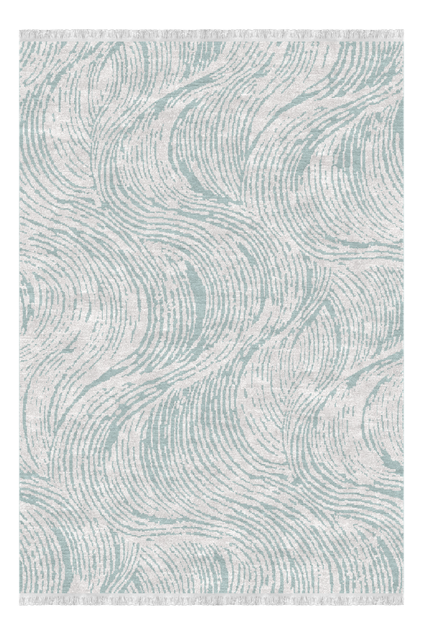 Light-colored area rug with abstract swirling pattern in shades of blue and cream.