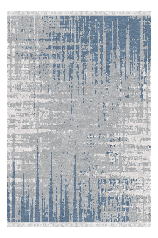 Abstract area rug with a distressed, linear pattern in shades of blue and gray.