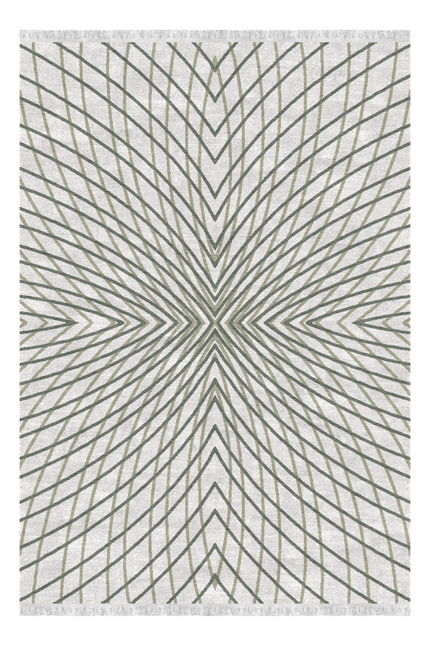 Geometric patterned rug with radiating lines forming a star-like design in beige and green colors.