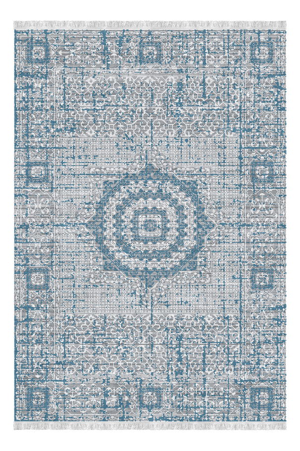 A rectangular area rug with intricate blue and gray patterns, featuring a central medallion and ornate borders.