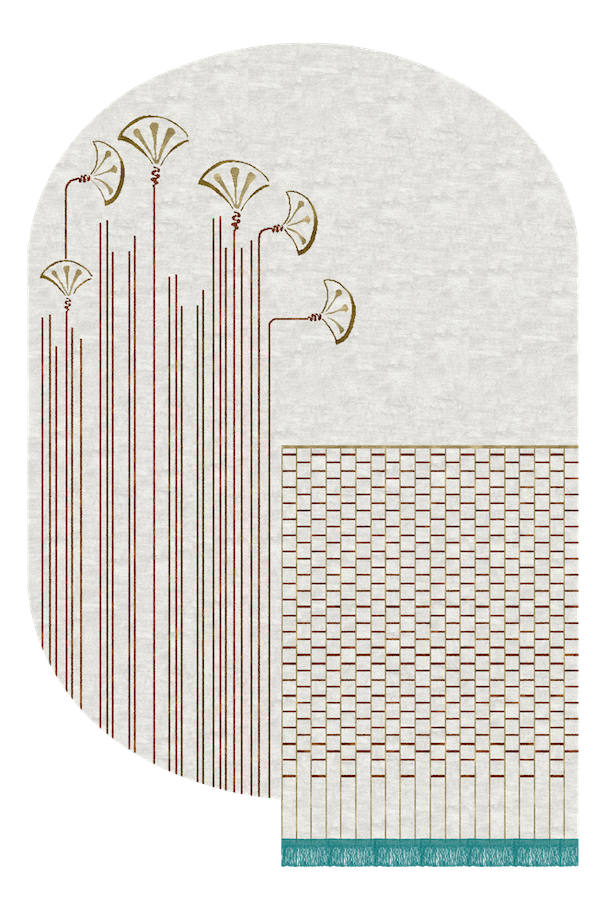 A decorative wall with a pattern of stylized fanning shapes and straight lines on the left side, and a section of a patterned wall with a turquoise horizontal strip at the bottom on the right side.