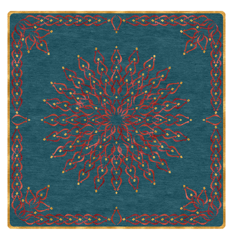 Decorative textile featuring an intricate red and gold Nordic-style snowflake pattern on a teal background, with matching border design.
