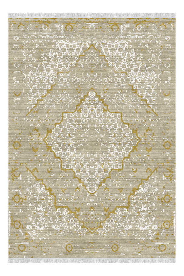 A rectangular area rug with a geometric and floral pattern in beige, white, and gold colors, with fringe at two ends.